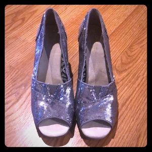TOMS silver sequin wedge heels size 9